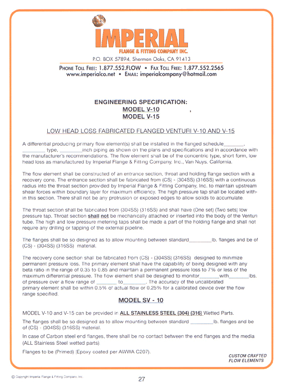 Engineering Specification: Low head loss fabricated flanged venturi v-10 and v-15